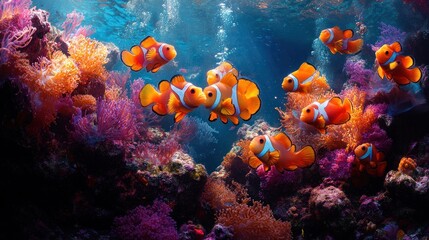 Fototapeta premium Vibrant underwater scene with clownfish amidst colorful corals.