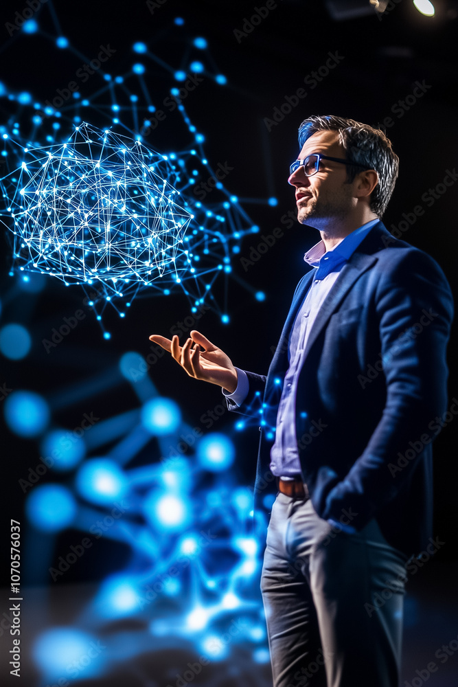 Poster a speaker engages the audience with innovative data visualizations highlighting technology trends an