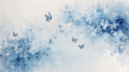 Fototapeta premium A tranquil display of blue butterflies dances among soft, pastel flowers, creating a dreamlike atmosphere filled with gentle beauty and harmony in nature.