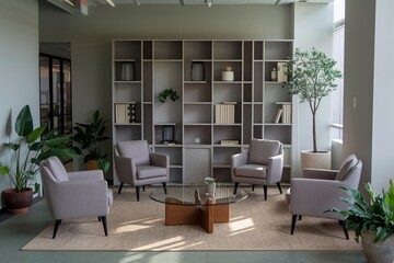 Modern Office Lounge Area. A contemporary office lounge area featuring a collection of chairs and a coffee table, surrounded by lush greenery and a bookshelf.