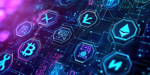 An abstract crypto-themed background filled with intricate codes, numbers, and digital symbols. Floating hexagons, grids, and blockchain graphics create depth, giving the sense of a virtual matrix.