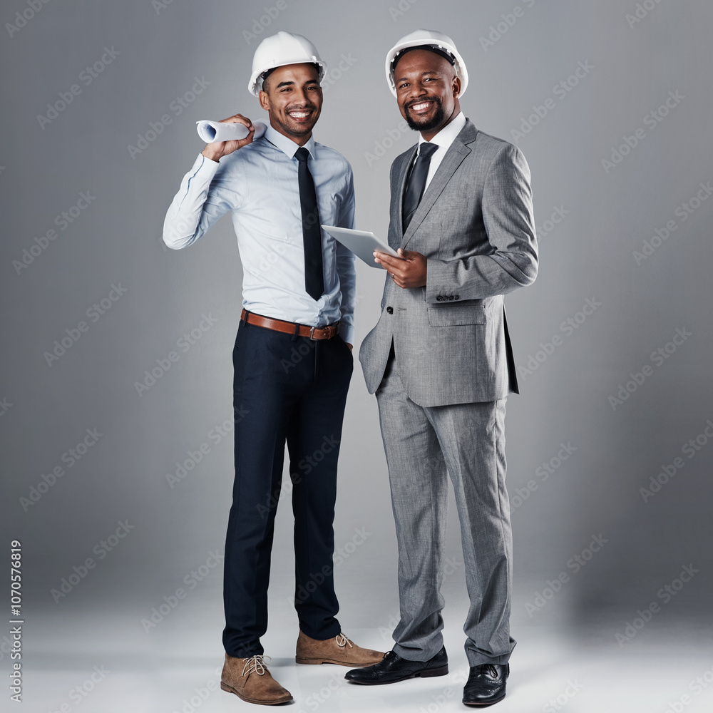 Poster architecture, blueprint and portrait of men with tablet in studio for online design, floorplan and b