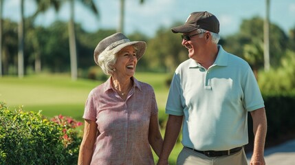 Elderly couple enjoying a sunny day on golf course