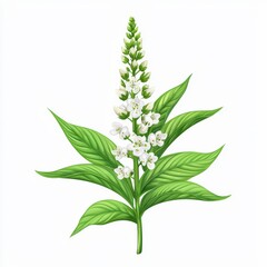 A detailed illustration of a flowering plant with vibrant green leaves and delicate white blossoms, isolated.