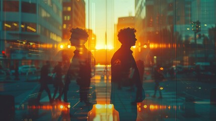Fototapeta premium Silhouettes of business people working at corporate office in downtown. Work hard and business development concept. Double exposure