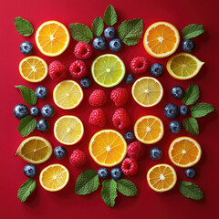 Fruit symmetrical mandala art on red background
