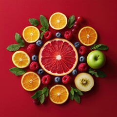 Fruit symmetrical mandala art on red background
