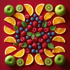 Fruit symmetrical mandala art on red background
