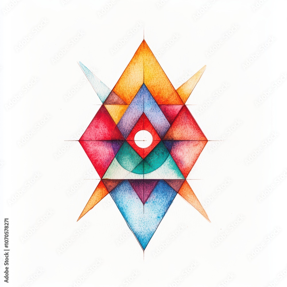 Poster abstract geometric watercolor design with vibrant colors and sharp angles on a white background.