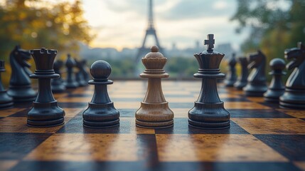 Chessboard with Pieces Amidst Iconic Global Cityscape - Featuring World Landmarks like the Eiffel Tower, Statue of Liberty, Great Wall, and Pyramids of Giza, Symbolizing Chess as a Universal Game of S