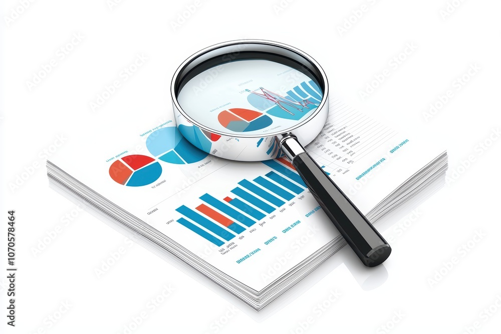 Poster analyzing data with magnifying glass over detailed charts and graphs, showcasing financial performan