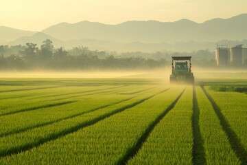 Fototapeta premium Combine harvester working in golden rice field
