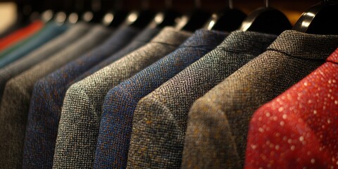 A close-up view of several elegant men's jackets, highlighting the fine textures and tailored craftsmanship displayed on hangers in a clothing store