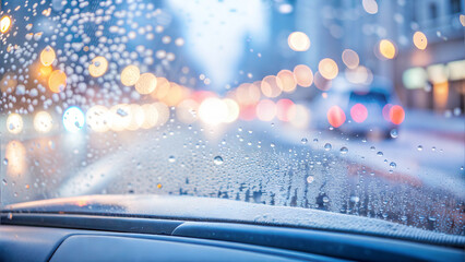 View through car window with raindrops and blurred lights of snowy street on winter night