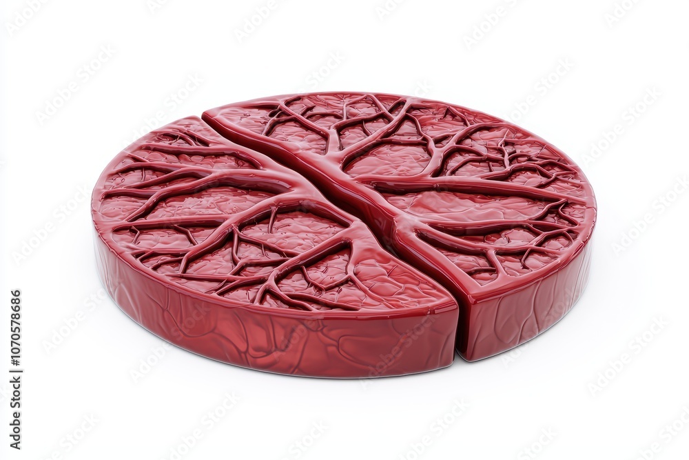 Poster artistic red slice shaped like a tree, showcasing unique texture on a white isolated background.