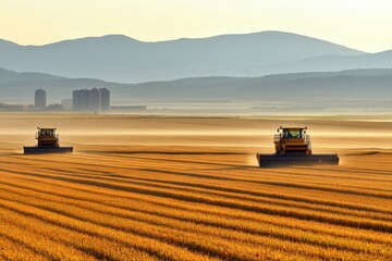 Fototapeta premium Combine harvester working in golden rice field