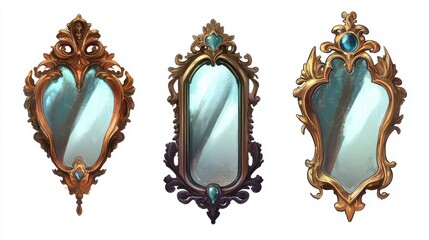 Set. Magic mirrors in a frame for the design of the game interface. On a white background,