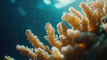 Naklejka premium Close-up of vibrant coral reef underwater with sunlight shining through.