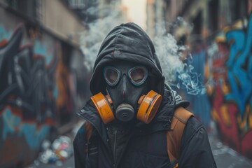 Paint Mask. Portrait of Graffiti Artist Wearing Protective Mask with Spray Paint in Urban Alley