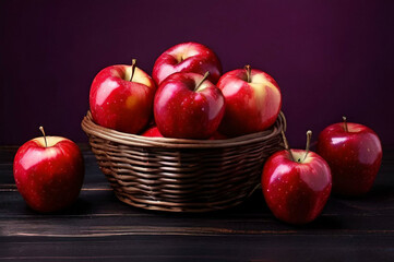 fresh red apples in wooden basket