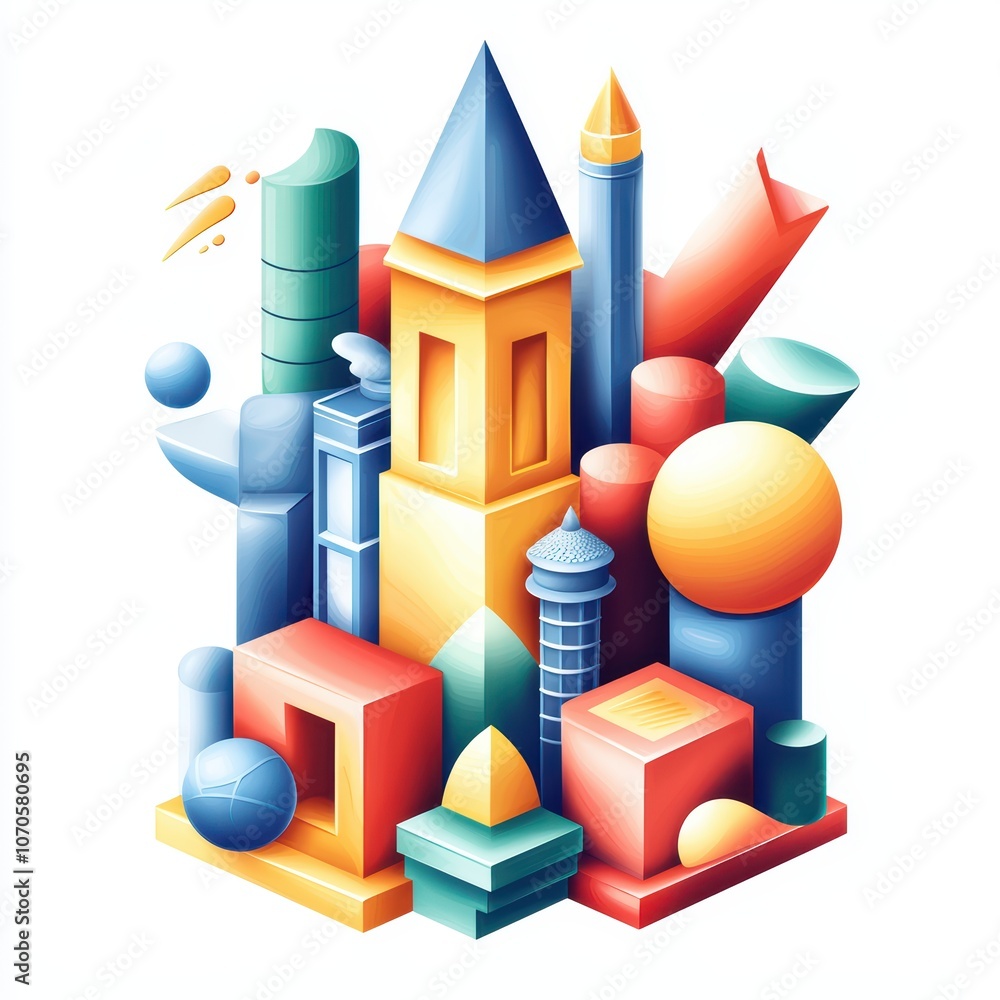 Poster colorful abstract shapes and structures forming an artistic composition on white isolated background