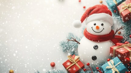 A Christmas-themed banner featuring a snowman, presents, and colorful garlands on a white background, with space in the center for a festive message.
