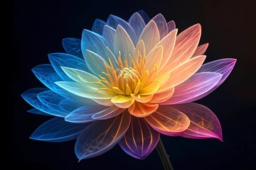 A Vibrant Multicolored Lotus Flower With Glowing Petals in Blue, Orange, and Purple Against a Dark Background