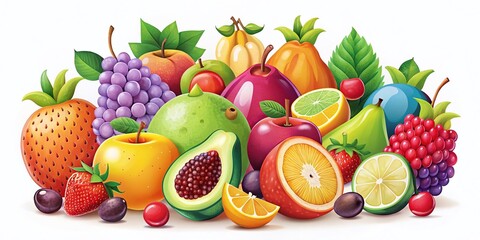 Colorful Cartoon Icons of Ripe and Juicy Fruits and Berries on White Background - Avocado, Lime, Dragon Fruit, Pear, Apple, Plum, Apricot, Grape, Melon, Cherry