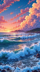 Fototapeta premium Vibrant sunset over ocean waves with dramatic pink clouds, coastal landscape painting phone wallpaper