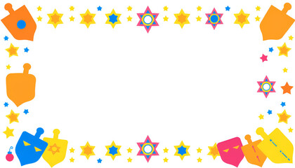 Fototapeta premium Festive Hanukkah Border Design with Colorful Dreidels and Stars of David with Copy Space