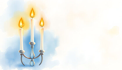 Fototapeta premium Elegant Silver Candelabra with Burning Candles in Soft Blue Watercolor Style with Copy Space