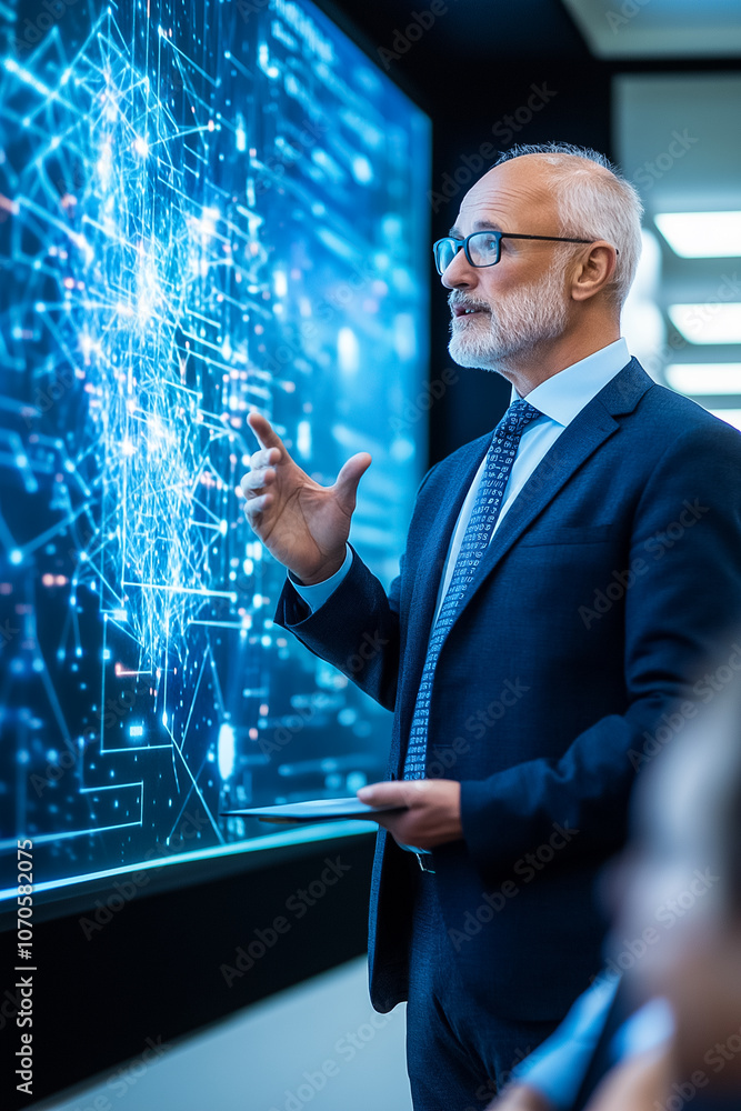 Poster a senior professional shares insights beside advanced digital displays showing data visualizations