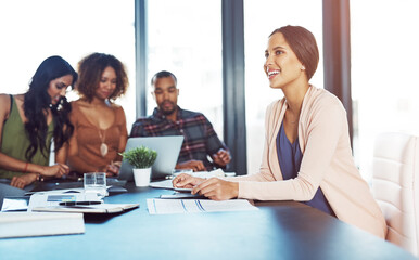 Smile, thinking and woman in strategy meeting for creative business plan with office diversity. Opportunity, ideas and businesswoman with paperwork in conference room for teamwork at digital agency