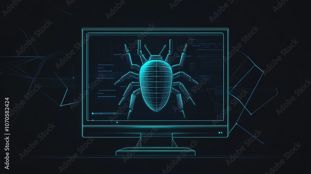 Poster an outline of a computer screen with a bug symbol, depicting a virus or malware alert