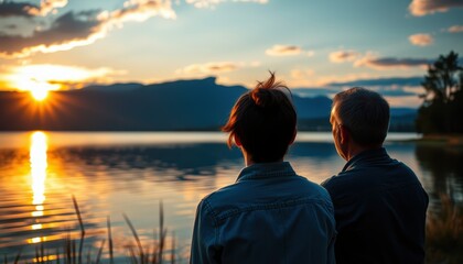 Fototapeta premium Couple enjoys serene sunset by the lake