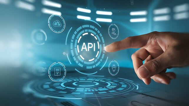 API interface, Application programming interface, Businessmen Interacting with a Futuristic API Interface, business technology, API integration