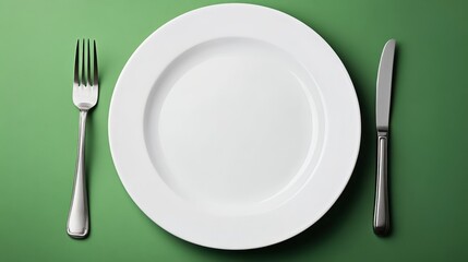 Elegant white plate with knife and fork, a minimalist table setting for delicious dining experience