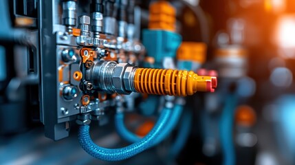Fototapeta premium Close-up of complex industrial machinery, meticulously detailed and featuring striking orange highlights, showcasing technology's precision and mechanical marvel.