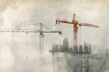 Industrial construction scene with cranes and unfinished building structures, set against a textured, muted background, capturing the gritty essence of urban development