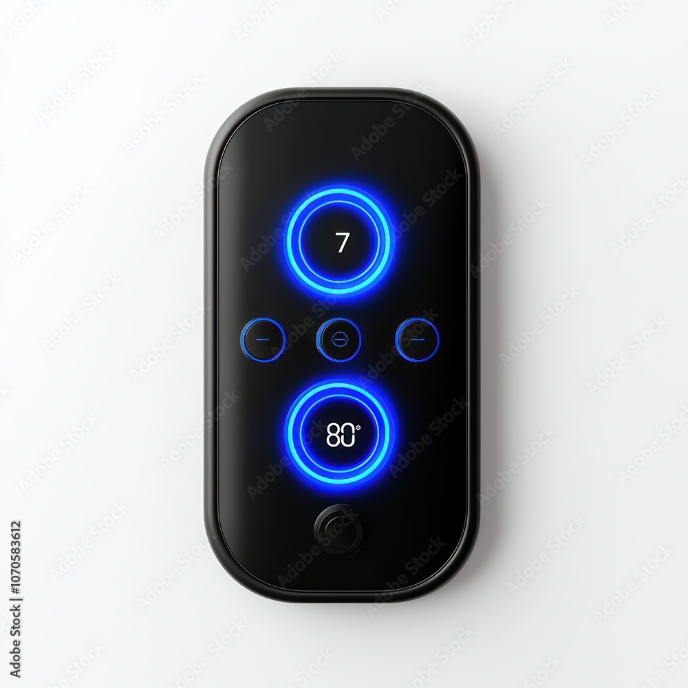 Poster digital control panel with sleek design and glowing buttons for temperature regulation.