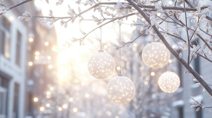 A festive scene white ornaments adorning a tree, creating a winter wonderland atmosphere