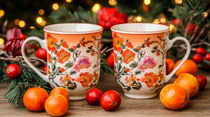 Fototapeta premium Two delightful mugs showcasing vibrant floral and fruit patterns, perfect for a charming kitchen setting.