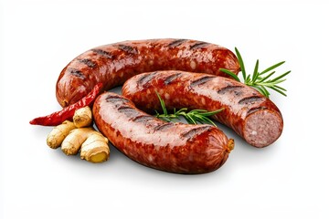 Grilled sausages with fresh herbs, garlic, and chili on a white isolate background.