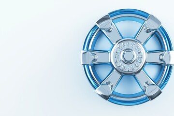Obraz premium High-quality close-up of a modern blue car wheel on a white isolated background.