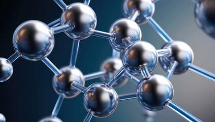 Obraz premium Close-up of a metallic molecular structure against a dark blue background, with interconnected shiny spheres and rods