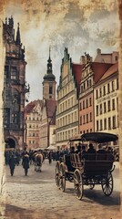 Fototapeta premium Vintage style of a street in the historic center of Wroclaw, Poland, with old buildings and people walking along it