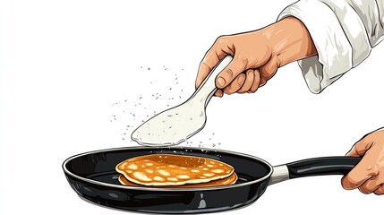 a 2D cartoon illustration of a person flipping pancakes in a frying pan, fun and tasty, white background--ar 16:9