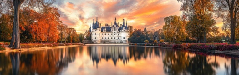 Fototapeta premium Majestic autumn sunset over a picturesque castle reflecting in a tranquil lake surrounded by vibrant foliage