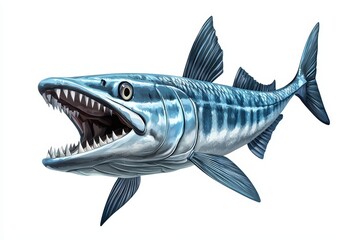 Obraz premium Illustration of a fierce barracuda fish with sharp teeth and striking colors, swimming against a white background.