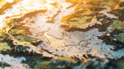 Naklejka premium Aerial view of artistic topographic map with textured landscape and warm lighting GIS Day